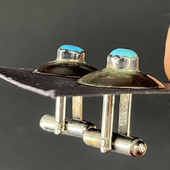 Vintage Sterling Silver & Turquoise Southwest Style Round Cufflinks Cuff Links - Picture 4 of 10
